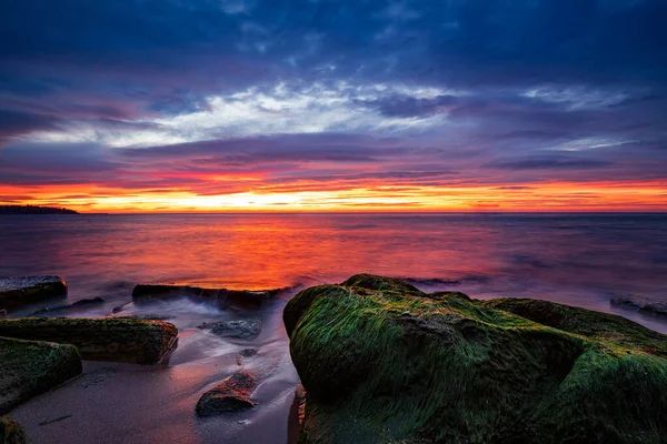 Sea sunrise with rocks with moss on the beach