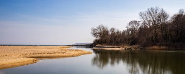 Panoramic view of large estuary of the Kamchia River, flowing into the Black Sea, Bulgaria