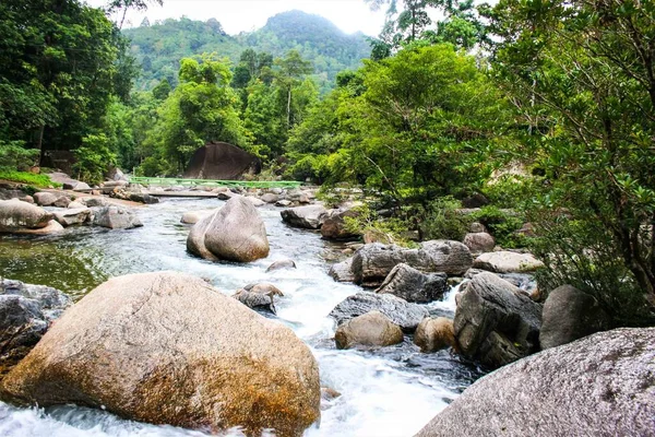 Big stone rock and waterfall beauty nature in south Thailand