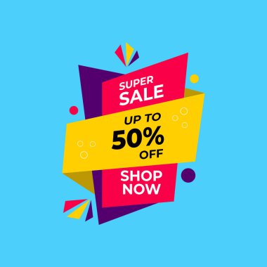 Süper satış promosyon afişinin vektör grafiği. Siyah, beyaz, kırmızı, mor ve sarı renk şemasını kullanarak. Promosyon tasarım etkinliği için uygun