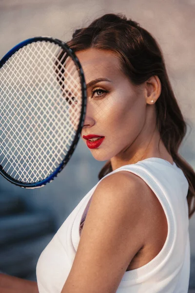 Slender Girl White Sports Suit Badminton Racket Hand — Foto Stock