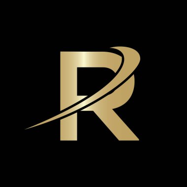 Yaratıcı harf R Logo Tasarım Vektör Şablonu. Modern R Logo Tasarımı alfabe tabanlı iş logosu altın rengi ve siyah arkaplan.
