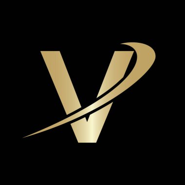 Yaratıcı harf V Logo Tasarım Vektör Şablonu. Modern V Logo Tasarımı alfabe tabanlı iş logosu altın rengi ve siyah arkaplan.