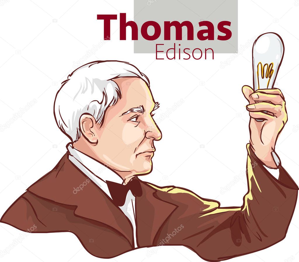 Thomas Alva Edison is Holding Lamp in His Hand stock illustration