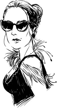 Vector  beautiful woman face with sunglasses vector outline - trendy girl portrait
