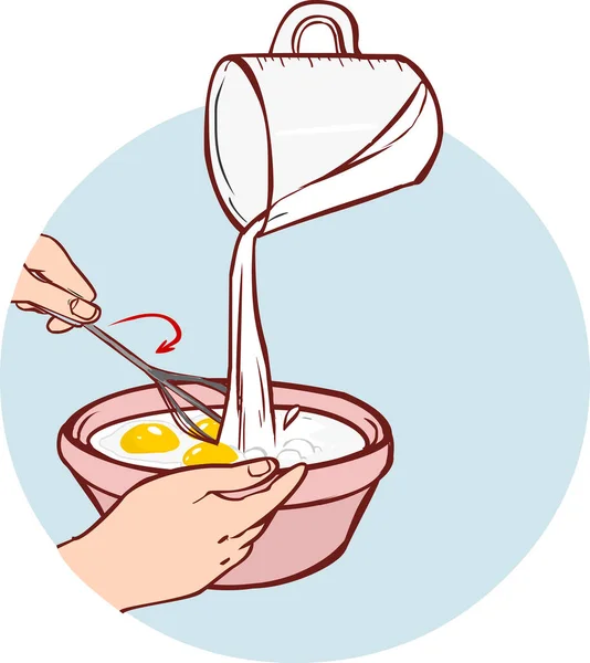 Mezcla Ingredientes Para Cocinar Panqueques Con Leche Verter Vector Ilustración — Vector de stock