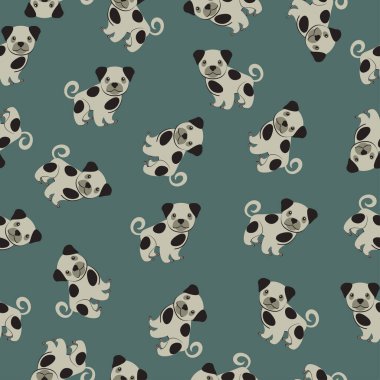 Çizilmiş köpekle çocuksu, kusursuz bir düzen. Çocuk kıyafetleri, kumaş, tekstil, çocuk odası dekorasyonu, ambalaj kağıdı için mükemmel.