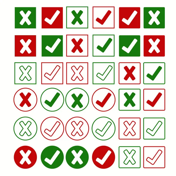 Gran conjunto de botones planos: cruces verdes y rojas, marcas de verificación. — Vector de stock