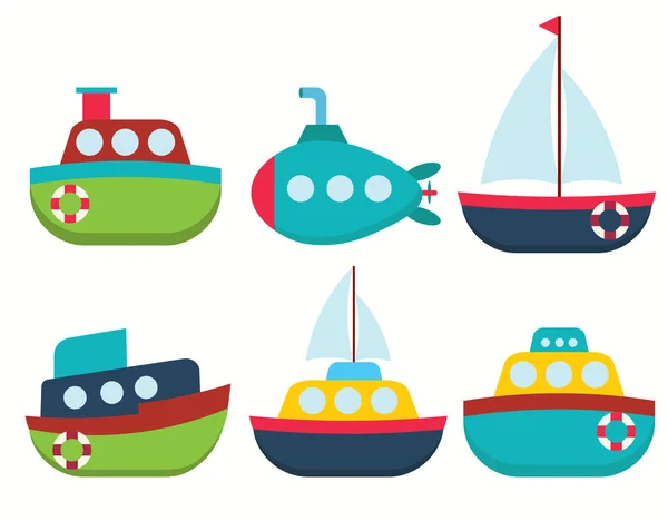Conjunto de iconos de nave marina. Diseño de transporte de agua de dibujos animados — Vector de stock