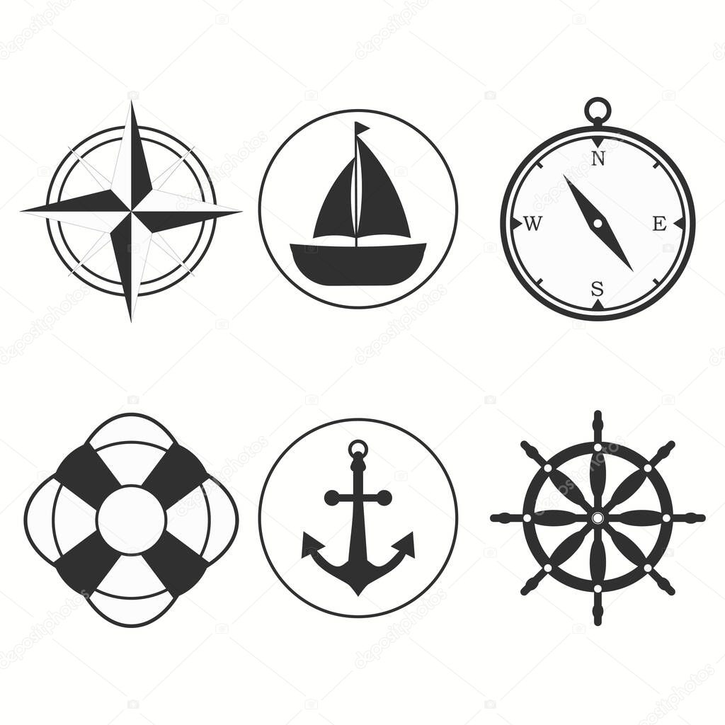 Set of marine icons isolated on white background. Vector illustration