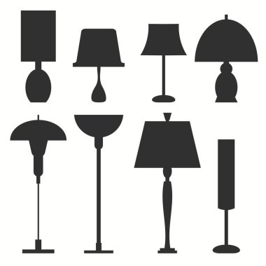Set of different lamps. Black floor and table lighting equipment. Vector