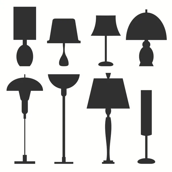 Set di lampade diverse. Pavimento nero e tavolo attrezzature di illuminazione. Vettore — Vettoriale Stock
