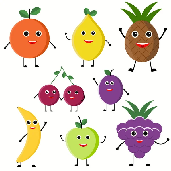 Vektorsammlung süßer Früchte. Lustige Obst Zeichen isoliert auf weißem Hintergrund — Stockvektor