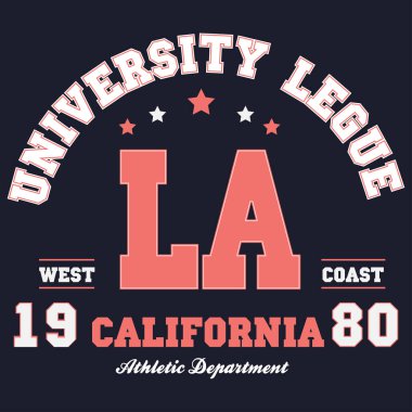 Los Angeles, Kaliforniya tipografisi. Tişört tasarımı için atletik baskı. Vektör illüstrasyonu.