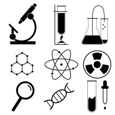 Kimya ve bilim siyah vektör ikonu ayarlandı. Test tüpleri, mikroskop, atom ve molekül sembolleri.