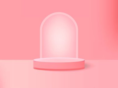 Modern pembe, beyaz silindir kaidesel podyum, kemer şekilli arka plan. Soyut pastel pembe renk, asgari duvar sahnesi. Vektör görüntüleme kozmetik ürün sunumu