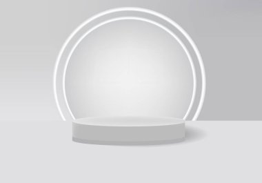 Gri ışık vektör arka planlı yuvarlak podyum. Sahne arkası. Yuvarlak kaide. Işıklı sahne podyumu, Gri Arkaplan Ödül Törenli Sahne Podyumu, Vektör illüstrasyonlu