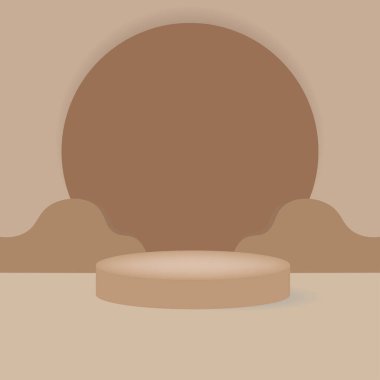 Geometrik şekilli soyut minimal sahne. Açık kahverengi arka planda silindirik podyum. ürün sunumu, modelleme, ürün, podyum, sahne kaidesi veya platformu. Vektör