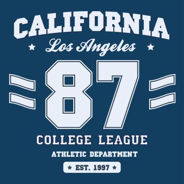 Tişört tasarımı için üniversite ligi baskısı. Los Angeles, California kolej uygulaması için tipografi grafikleri. Vektör illüstrasyonu