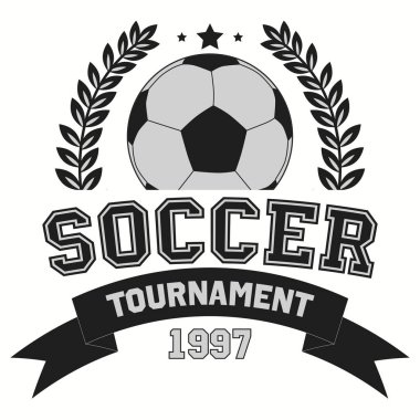 Football tournament logotype or emblem in retro style with stars, ribbon and laurel wreath. Editable sport vector design isolated on a white background. Vector