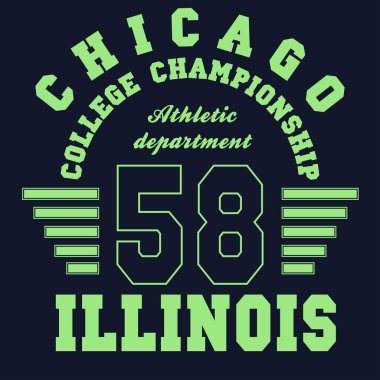 Chicago, Illinois Üniversitesi tarzı tişört tasarımı. Spor tişörtü için tipografi grafikleri. Orijinal spor giyim baskısı. Vektör illüstrasyonu.