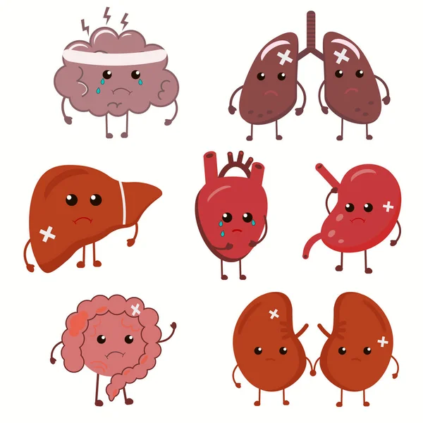 Set Cute Cartoon Internal Organs Sad Faces Bandages Vector — Vector de stock