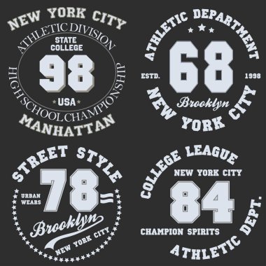New York, Brooklyn, Manhattan tipografisi. Tişört tasarımı için atletik baskı seti. Spor kıyafetleri için grafikler. Tişört koleksiyonu