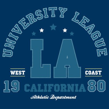 Los Angeles, Kaliforniya tipografisi. Tişört tasarımı için atletik baskı. Vektör illüstrasyonu