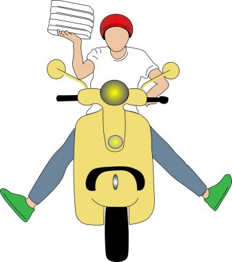 Sarı motosikletle pizza getiren adam.