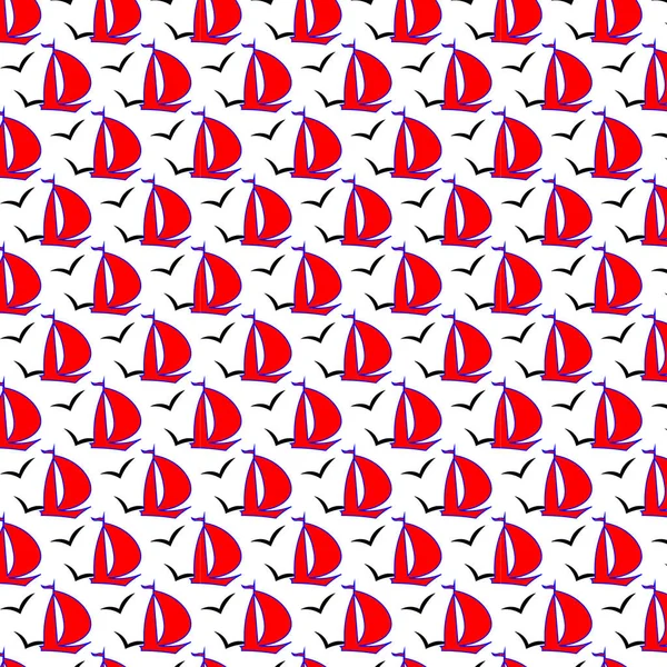 pattern red boats and seagulls