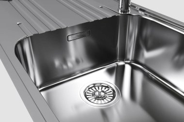 Metal lavabo lavabosunu kapatın. Parlak paslanmaz çelik bir lavaboda ızgaralı suyu boşalt. Su taşkını gri bir lavaboda kapanıyor. 3B illüstrasyon.