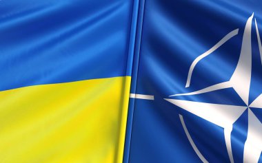 Ukrayna ve NATO bayrakları. Kuzey Atlantik Antlaşma Örgütü. Mavi ve sarı bayrak. Devlet sembolleri. Bağımsız devlet. Bağımsız Ukrayna. 3B illüstrasyon.