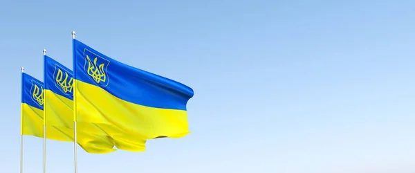 Three Flags Ukraine Flagpole Blue Yellow Ukrainian Flag Coat Arms — Stock Photo, Image