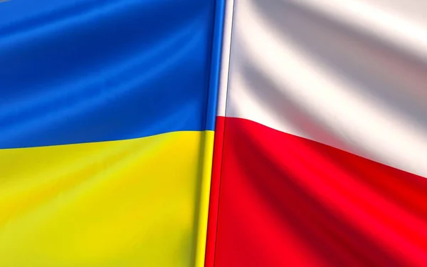 Flags of Ukraine and Poland. European Union. Polish flag. Blue and yellow flag. State symbols. Sovereign state. Independent Ukraine. 3D illustration.