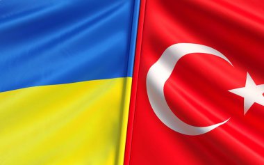 Ukrayna ve Türkiye bayrakları. Yıldızlı ve aylı Türk bayrağı. Mavi ve sarı bayrak. Devlet sembolleri. Bağımsız devlet. Hindi. Bağımsız Ukrayna. 3B illüstrasyon.