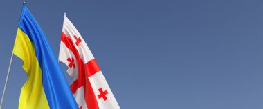 Bayrak direğinde Gürcistan ve Ukrayna bayrakları var. Mavi arka planda bayraklar. Mesaj için yer. Bağımsız, bağımsız Ukrayna. Gürcistan bayrağı. Bağımsız Devletler. 3B illüstrasyon.
