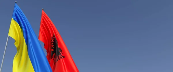 Прапори Албанії України Флагштоках Боках Прапори Синьому Тлі Місце Тексту — стокове фото