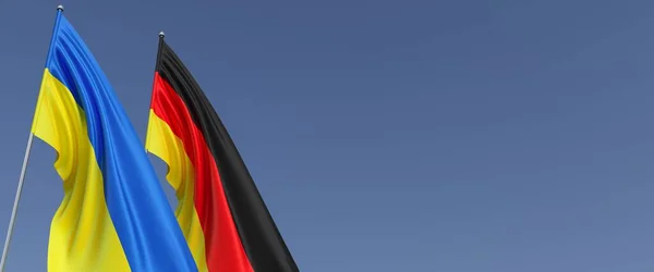 Vlaggen Van Duitsland Oekraïne Vlaggenmasten Aan Zijkant Vlaggen Een Blauwe — Stockfoto