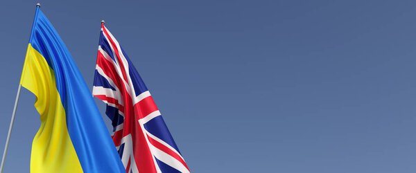 Флаги Великобритании и Украины на флагштоках сбоку. Флаги на синем фоне. Место для смс. Независимая свободная Украина. Англия. В Лондон. Содружество. 3D иллюстрация.