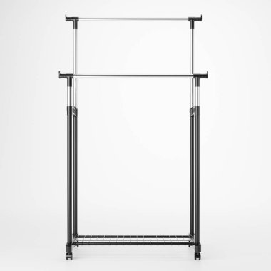 Gri arka planda mobil elbise askısı var. Krom borular ve siyah plastik elementlerle mobil askı. Elbiseleri olmayan bir askı. 3 Boyutlu Hazırlama.