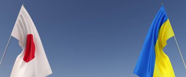 Bayrak direğinde Ukrayna ve Japonya bayrakları. Mavi arka planda bayraklar. Mesaj için yer. Bağımsız Ukrayna. Japonya 'nın devlet sembolleri. Kırmızı halkalı beyaz bayrak. 3B illüstrasyon.