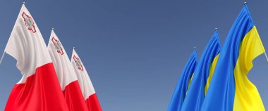 Bayrak direğinde Ukrayna ve Malta bayrakları. Mavi arka planda bayraklar. Mesaj için yer. Bağımsız Ukrayna. Üç tane Malta bayrağı. Avrupa. 3B illüstrasyon