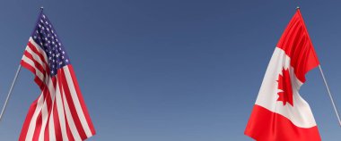 Kanada ve ABD bayrak direkleri mavi arka planda. Boş uzayın ortasında bayraklar var. Mesaj için yer. Kanada bayrağı. Akçaağaç yaprağı. Amerika. 3B illüstrasyon.