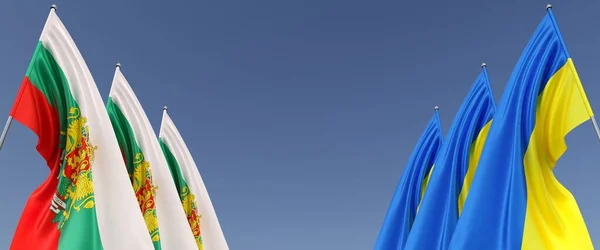 两旁旗杆上挂着乌克兰和保加利亚国旗 蓝色背景上的横幅 文字的位置 独立的乌克兰 三面保加利亚国旗 3D插图 — 图库照片