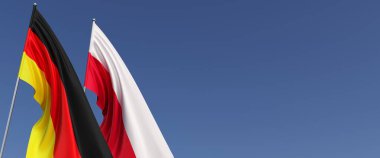 Bayrak direğinde Polonya ve Almanya bayrakları var. Mavi arka planda bayraklar. Mesaj için yer. Polonya, Varşova. Berlin, Münih. Bağımsız Devletler. 3B illüstrasyon.