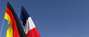 Bayrak direğinde Almanya ve Fransa bayrakları var. Mavi arka planda bayraklar. Mesaj için yer. Berlin, Münih. Paris, Avrupa. Bağımsız Devletler. 3B illüstrasyon.