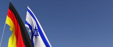 Bayrak direğinde Almanya ve İsrail bayrakları var. Mavi arka planda bayraklar. Mesaj için yer. Berlin, Münih. Tel Aviv 'de. Bağımsız Devletler. 3B illüstrasyon.