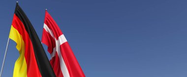 Bayrak direğinde Almanya ve Danimarka bayrakları var. Mavi arka planda bayraklar. Mesaj için yer. Berlin, Münih. Kopenhag 'da. Bağımsız Devletler. 3B illüstrasyon.