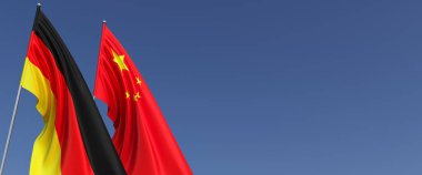 Bayrak direğinde Almanya ve Çin bayrakları var. Mavi arka planda bayraklar. Mesaj için yer. Alman, Berlin. Pekin, Asya. 3B illüstrasyon.