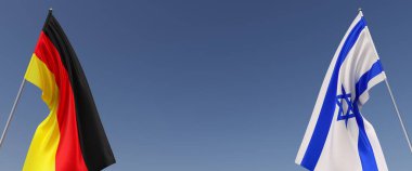 Bayrak direğinde Almanya ve İsrail bayrakları var. Mavi arka planda bayraklar. Mesaj için yer. Berlin, Münih. Tel Aviv 'de. Bağımsız Devletler. 3B illüstrasyon.